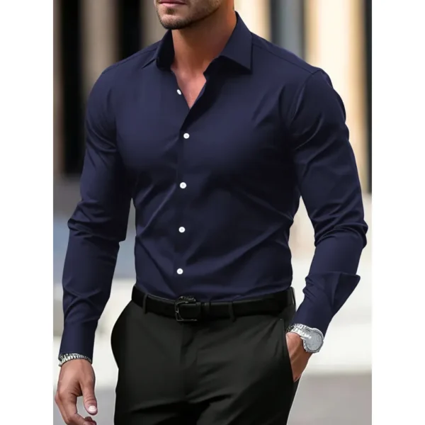 Men's Shirt Business Button Down Shirt Summer Solid Color Long Sleeve Lapel Vacation Shirt Fashion Temperament Casual Tops